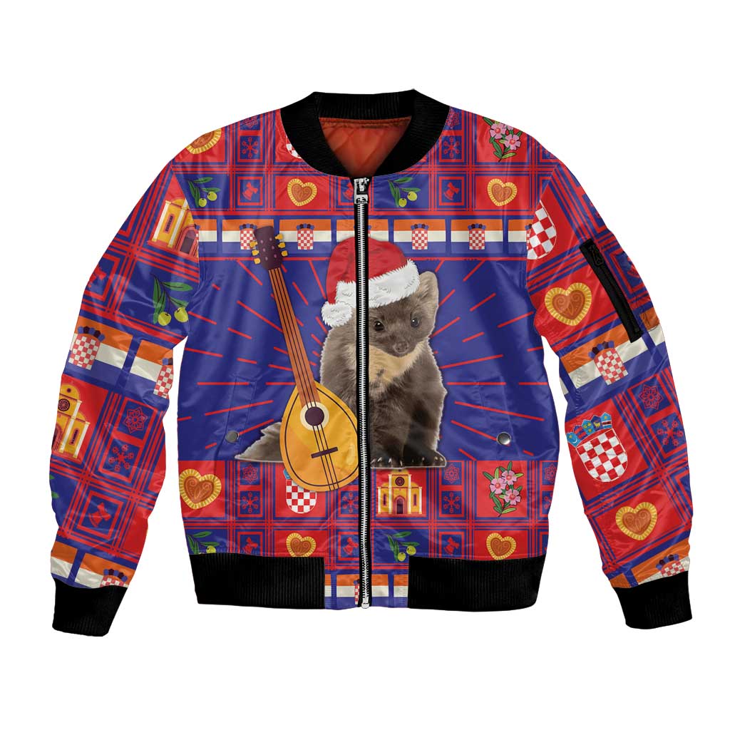 Unisex red Christmas bomber jacket with front zip and cat with guitar print, ribbed cuffs