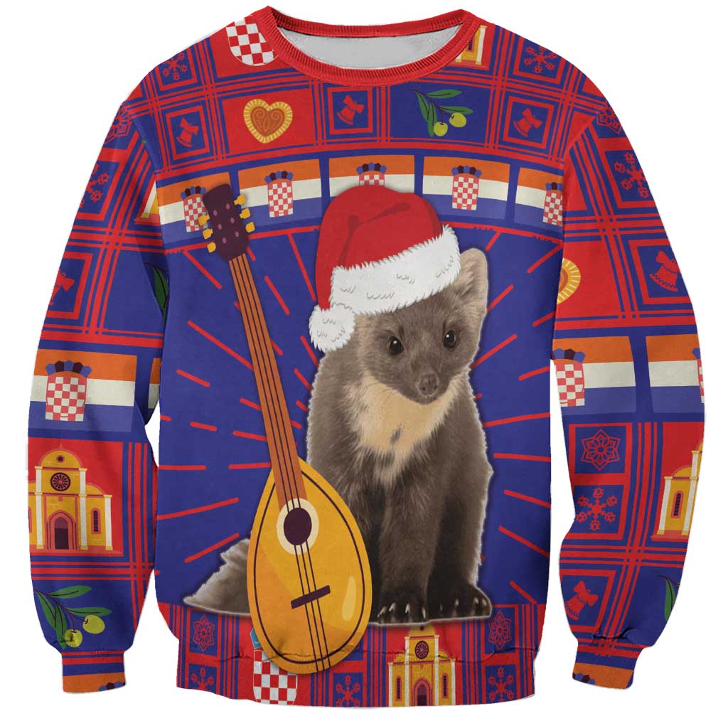 Unisex Christmas sweatshirt with red, blue town pattern and animal wearing Santa hat