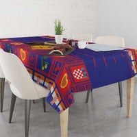 Christmas tablecloth corner with blue red check and heart patchwork design