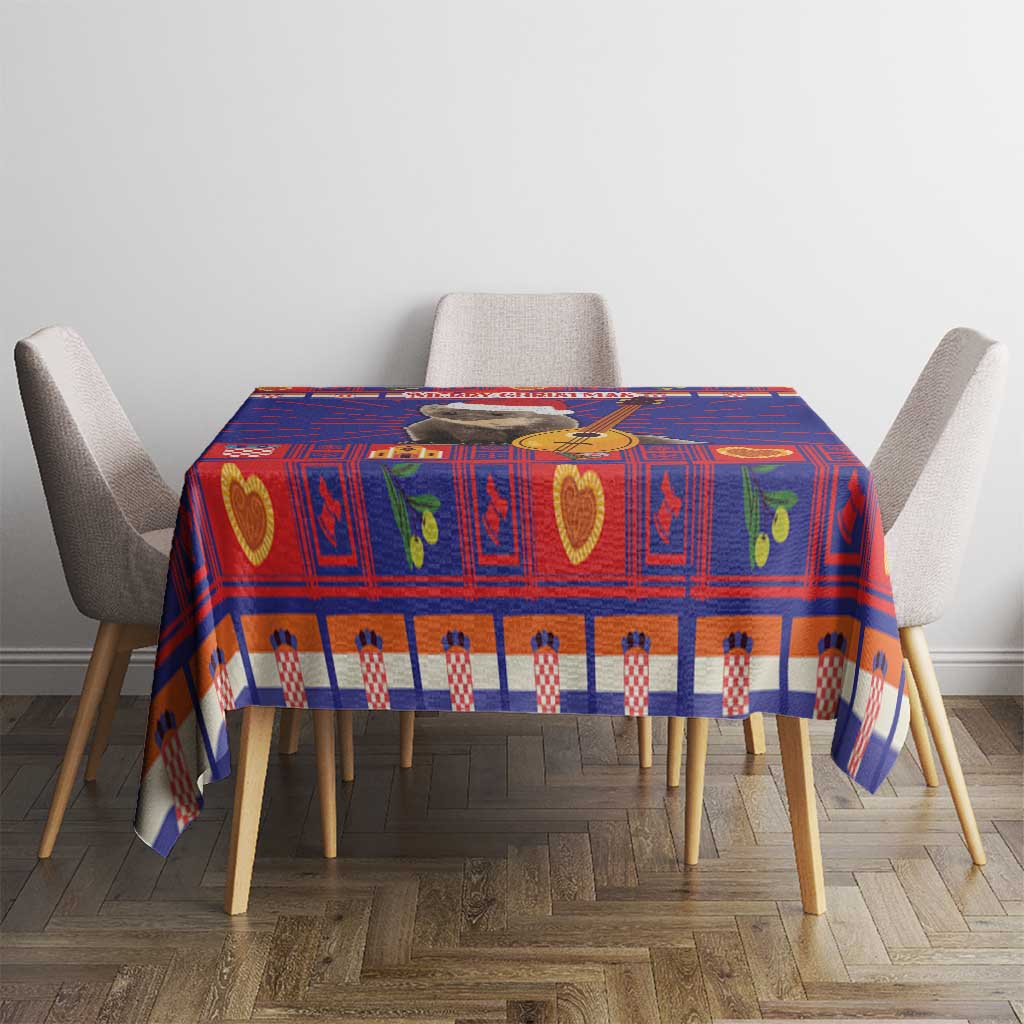 Christmas tablecloth with blue and red geometric pattern, hearts and ornaments