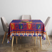 Christmas tablecloth with blue and red geometric pattern, hearts and ornaments