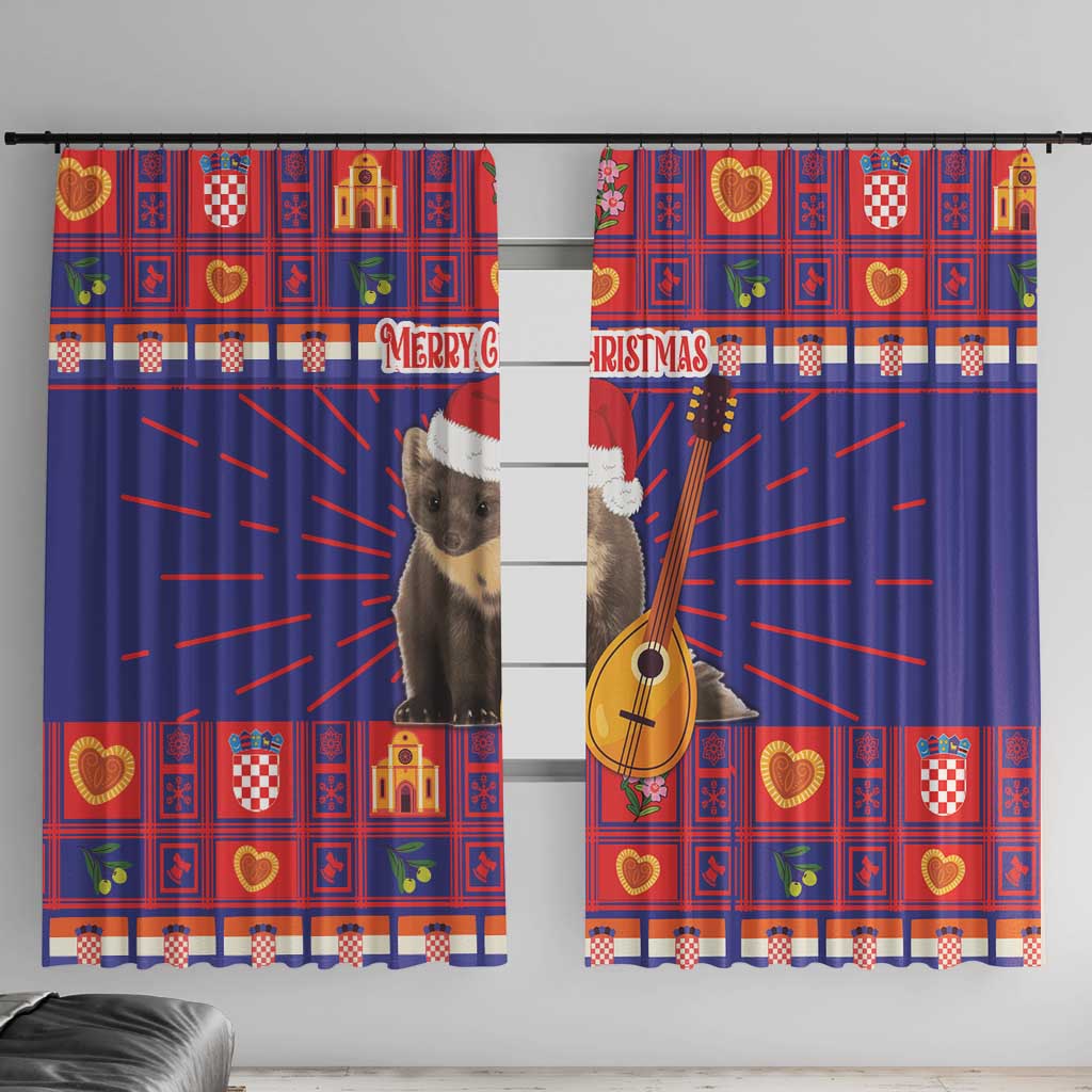 Christmas window curtain set, red and blue plaid with cat and guitar graphic