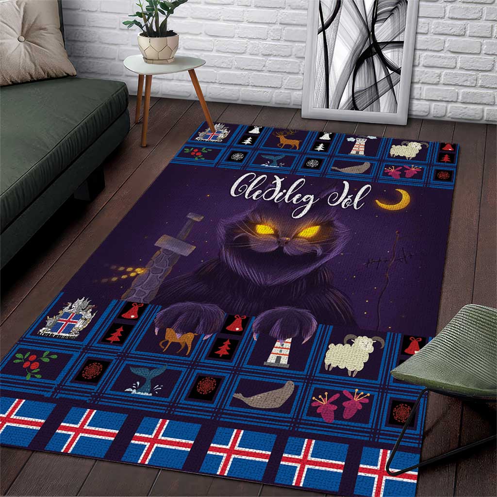 Purple holiday cat area rug with blue Nordic blocks and crescent moon, rectangular