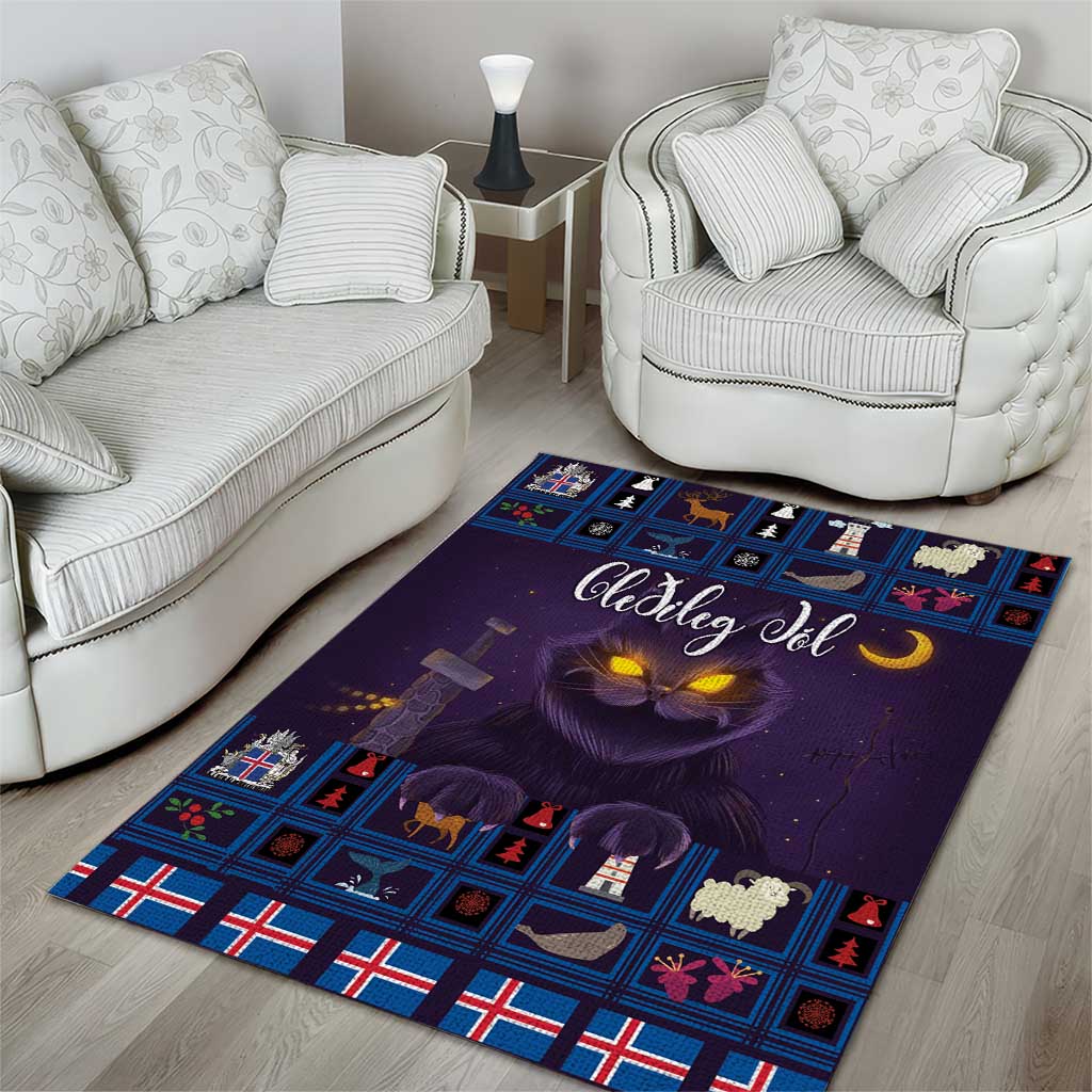 Purple holiday cat area rug with blue Nordic patterns and crescent moon, rectangular