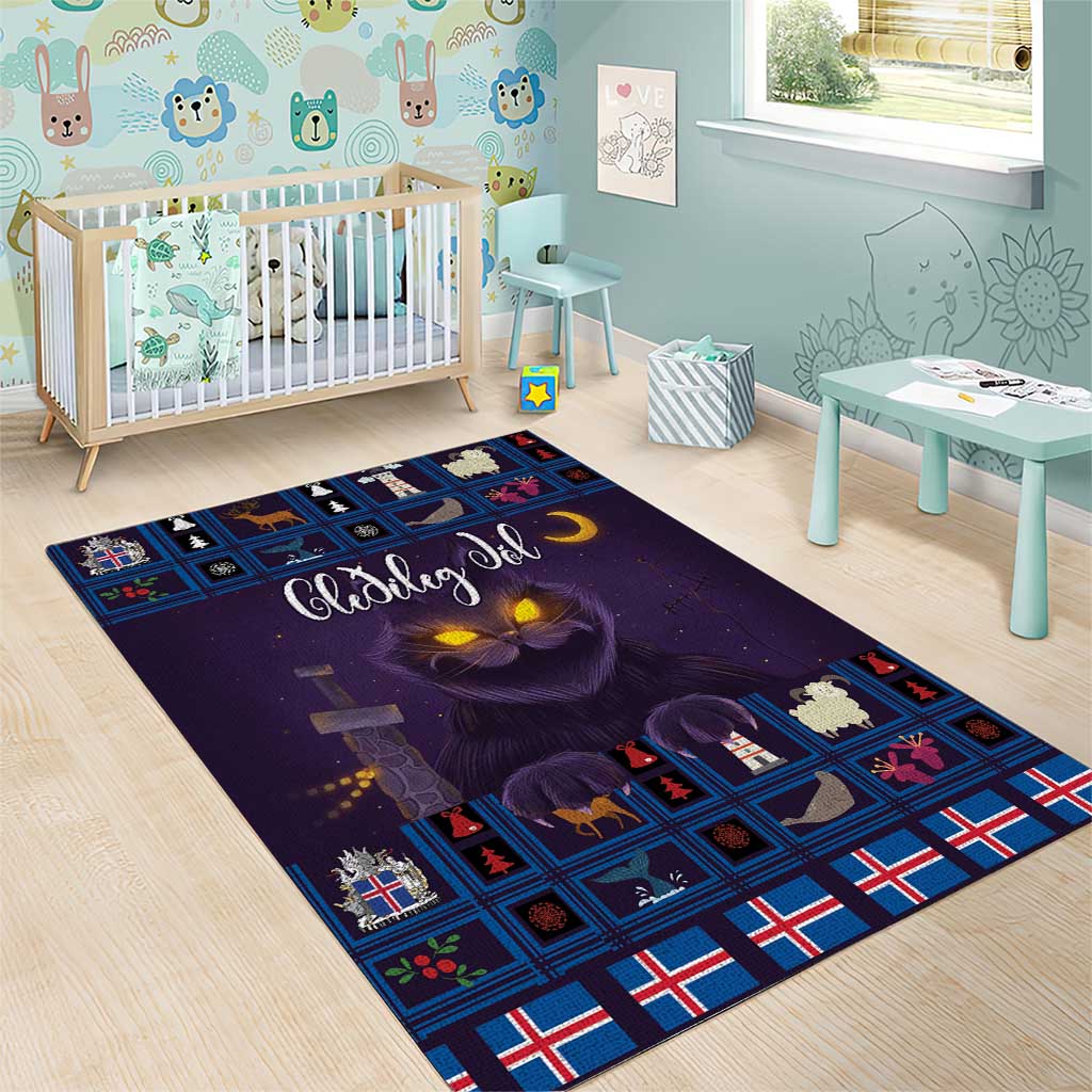 Purple cat-themed area rug with blue Nordic grid motifs, rectangular