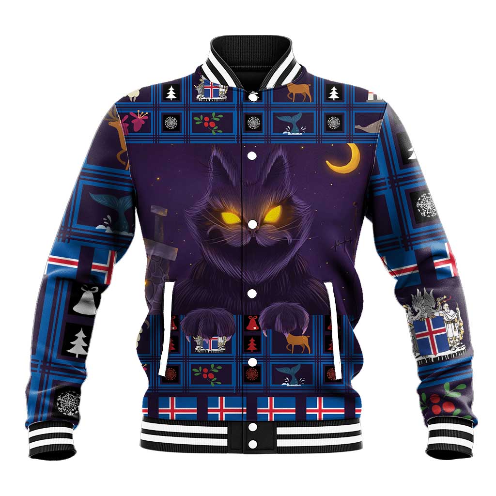 Purple and blue baseball jacket with yule cat graphic, striped collar and cuffs