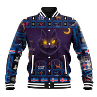 Purple and blue baseball jacket with yule cat graphic, striped collar and cuffs