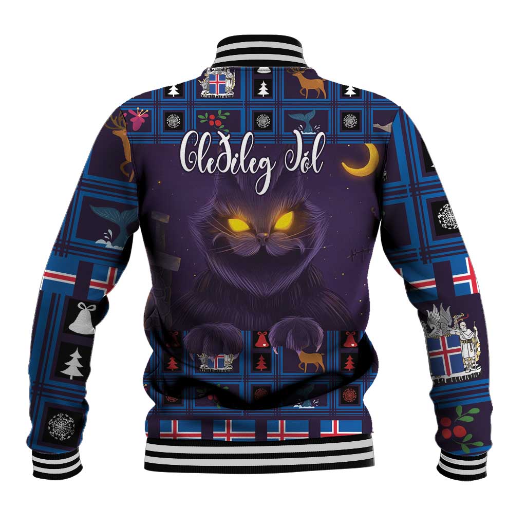 Back view baseball jacket in purple-blue with yule cat art and Celebrate Sol text