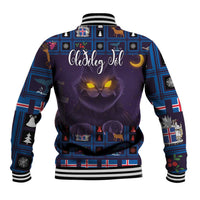Back view baseball jacket in purple-blue with yule cat art and Celebrate Sol text