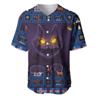 Purple baseball jersey with glowing cat face graphic, button front, short sleeves