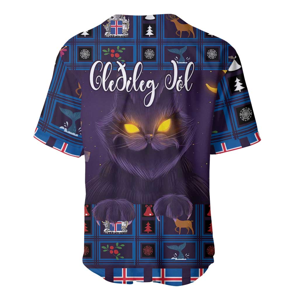 Purple Iceland Christmas baseball jersey with Yule cat graphic and patterned sleeves
