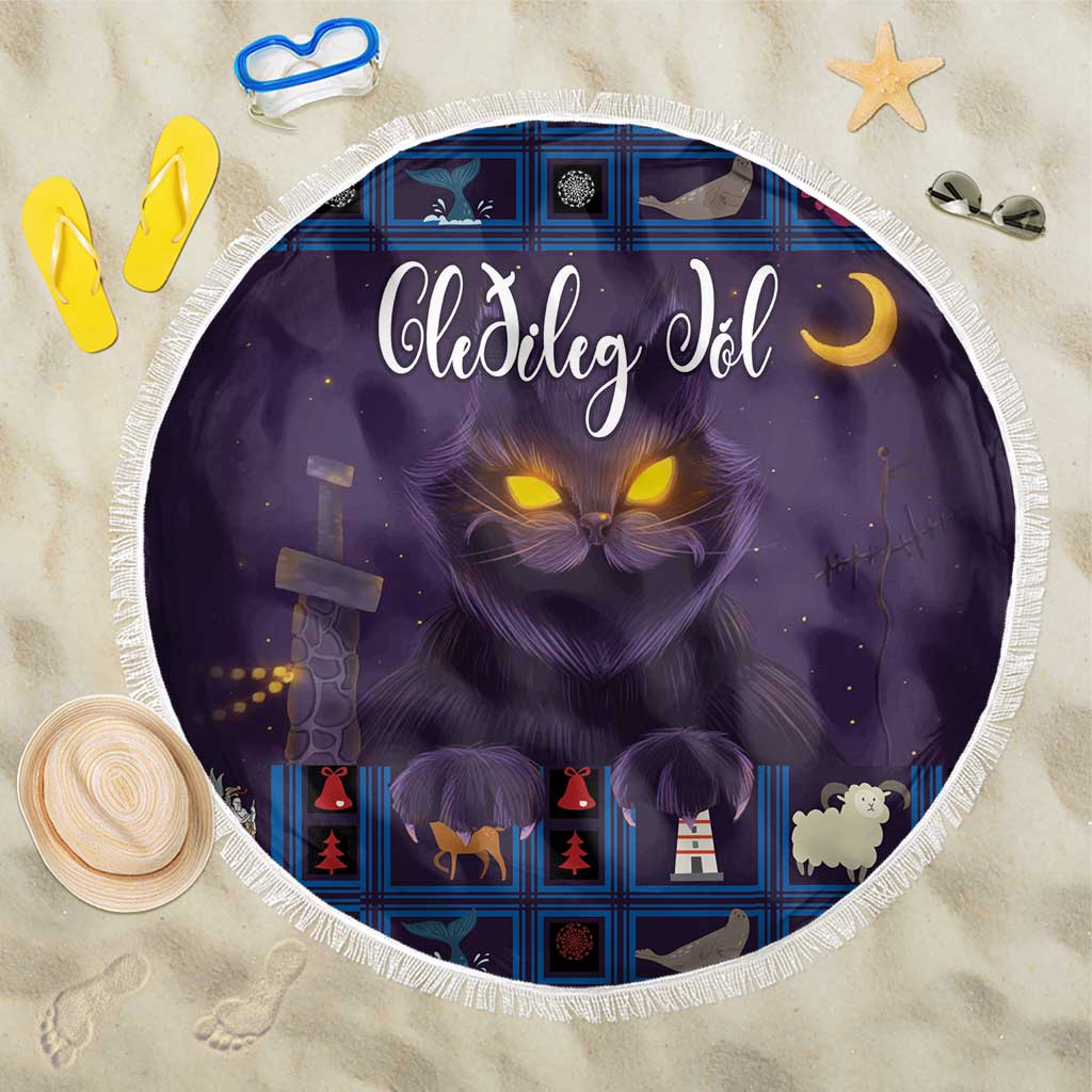 Purple round beach blanket with white fringe, cat-themed Christmas graphic design