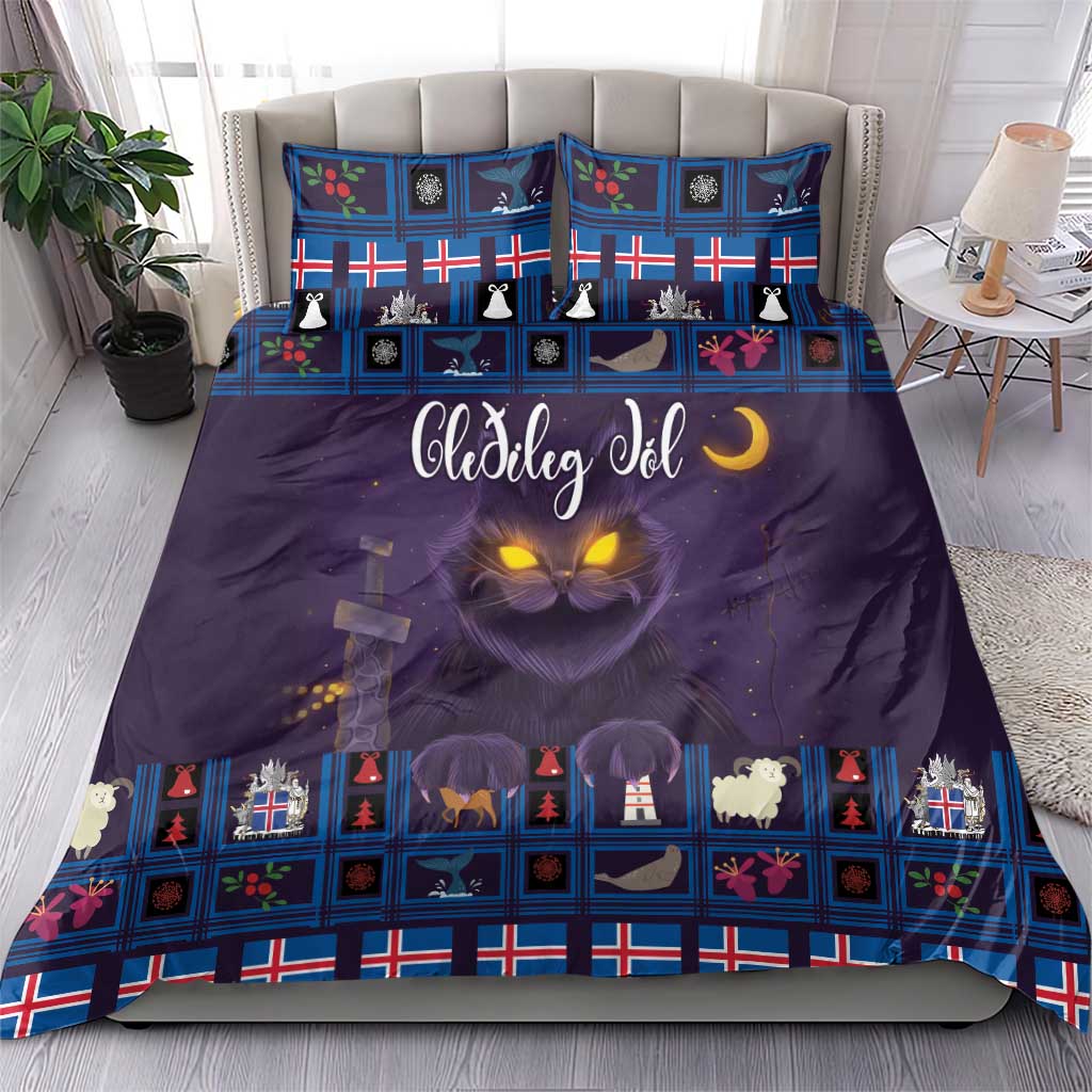 Purple Christmas bedding set with blue Nordic pattern and glowing cat face, matching pillowcases