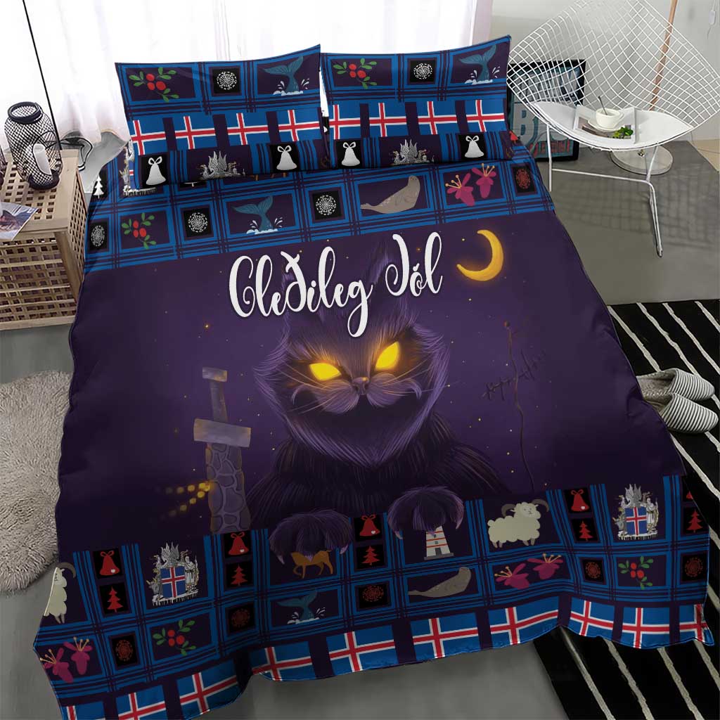 Purple Christmas comforter with blue Nordic border, glowing cat eyes, and decorative throw pillows