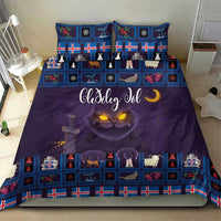 Purple Christmas bedding set with blue window-grid design and glowing cat face, two pillowcases