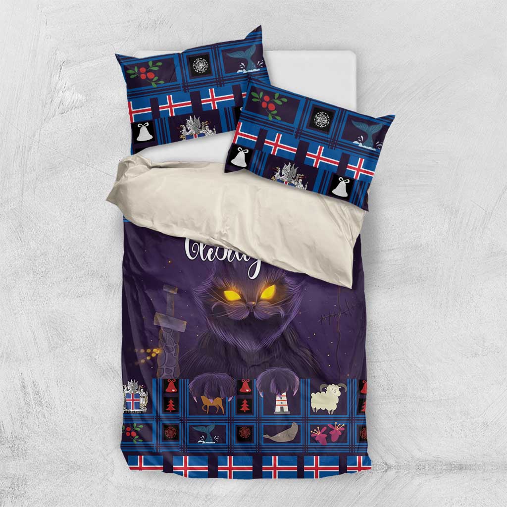 Purple Christmas bedding set with blue Nordic check pattern, cat-face print, and two matching pillows