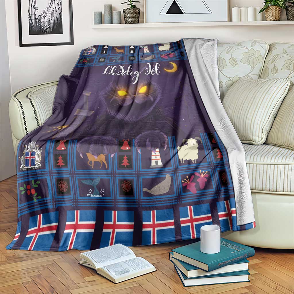 Purple Christmas cat blanket with blue plaid border and illustrated Yule scenes
