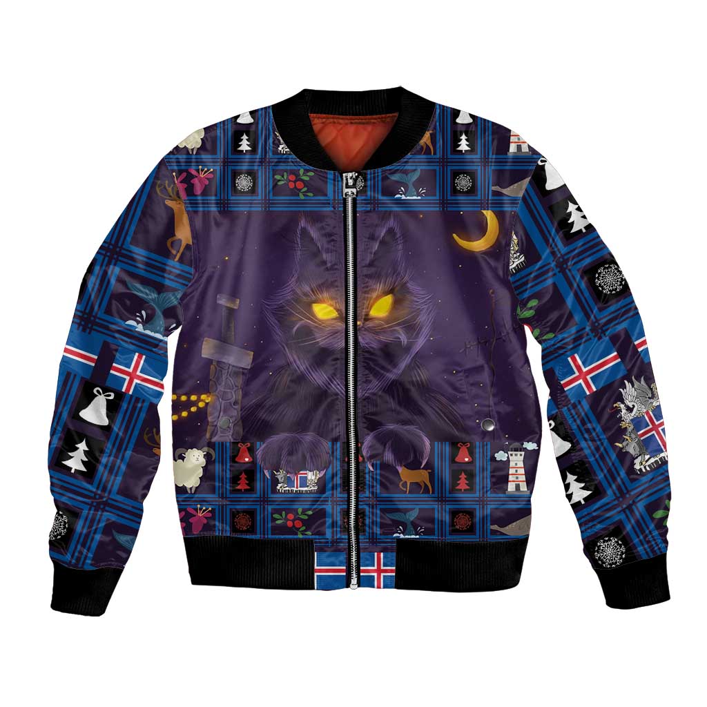 Purple unisex bomber jacket with festive cat face art, blue plaid sleeves, front zipper