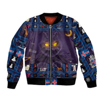 Purple unisex bomber jacket with festive cat face art, blue plaid sleeves, front zipper