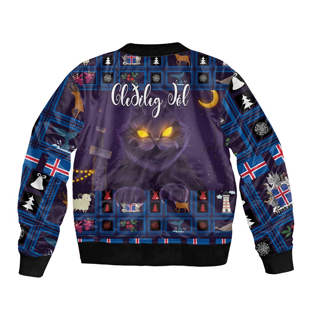Purple unisex bomber jacket with festive cat face graphic, blue plaid, ribbed cuffs and hem