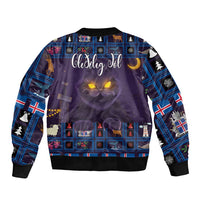 Purple unisex bomber jacket with festive cat face graphic, blue plaid, ribbed cuffs and hem