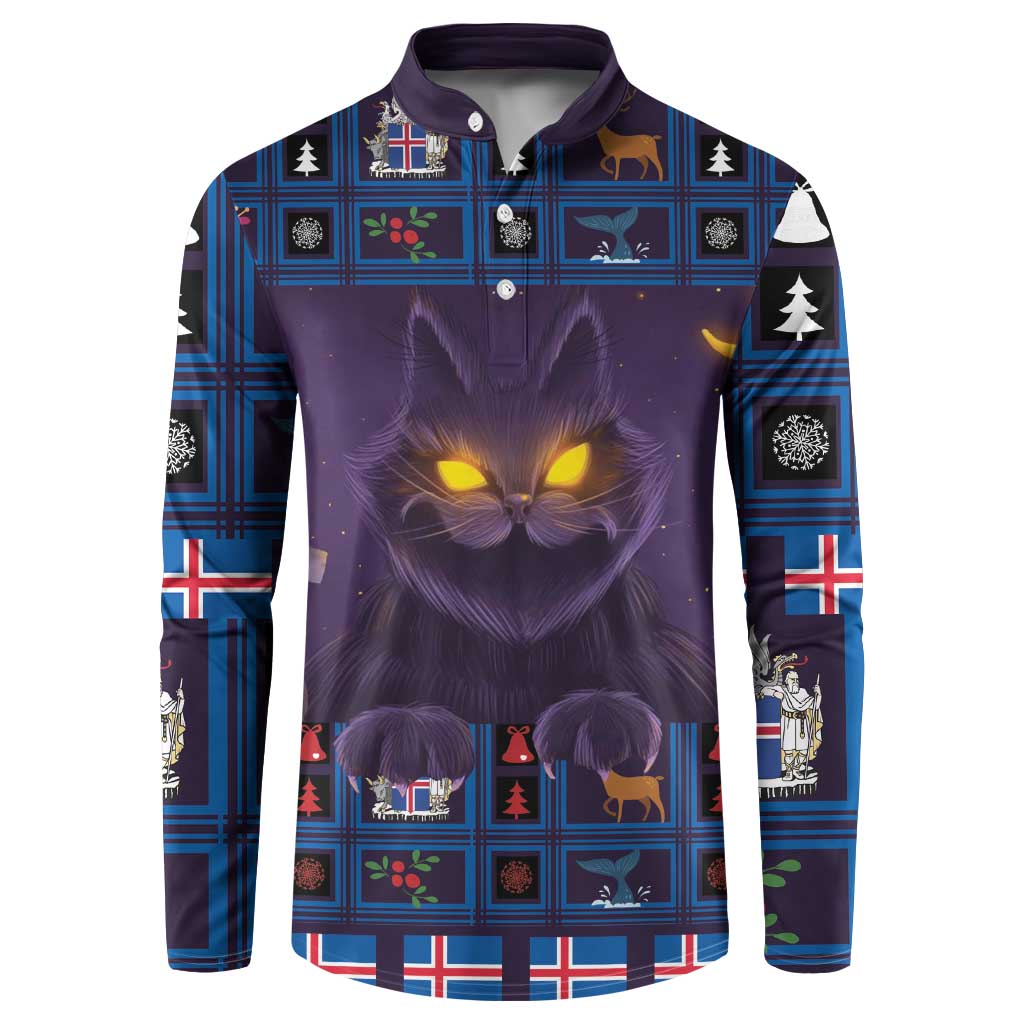Purple button sweatshirt with front cat face, blue plaid pattern and holiday symbols