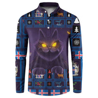 Purple button sweatshirt with front cat face, blue plaid pattern and holiday symbols
