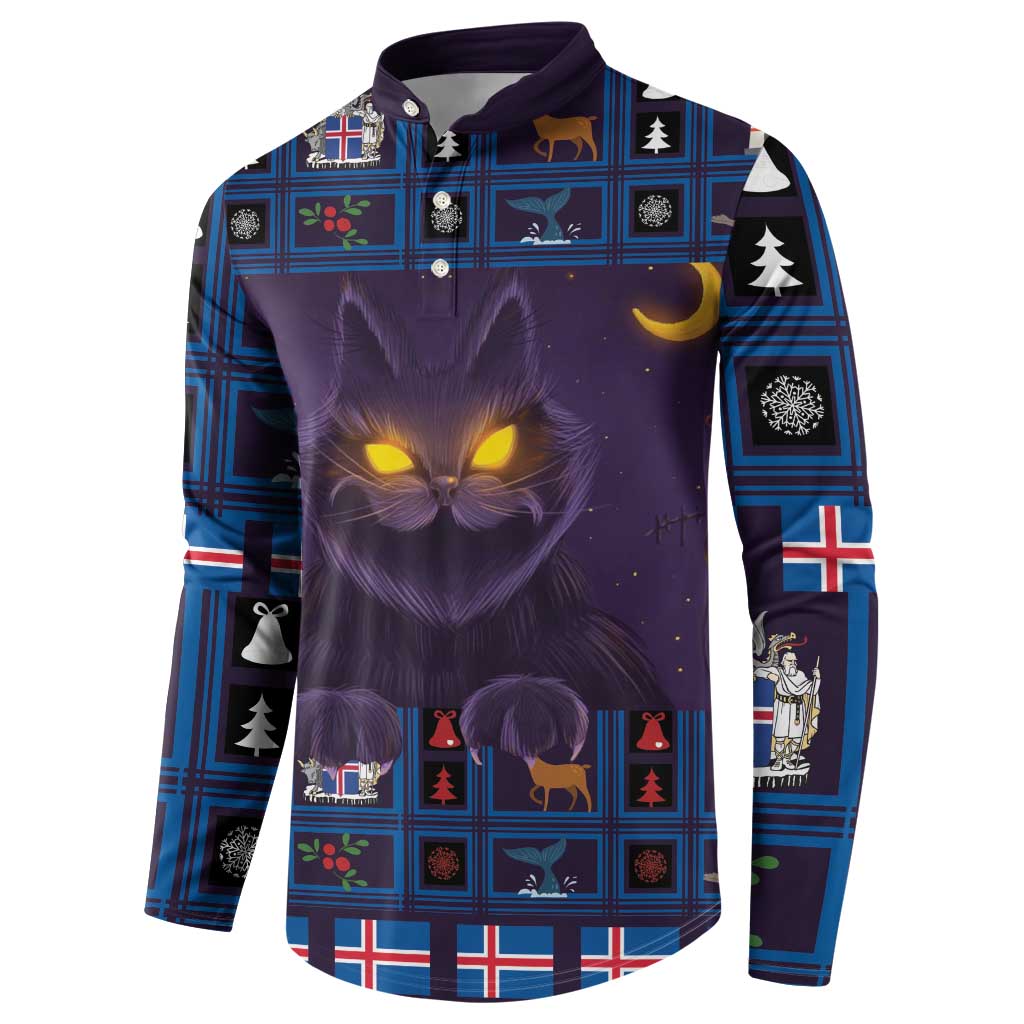 Purple button sweatshirt with blue plaid, glowing cat face and holiday icons