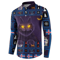 Purple button sweatshirt with blue plaid, glowing cat face and holiday icons