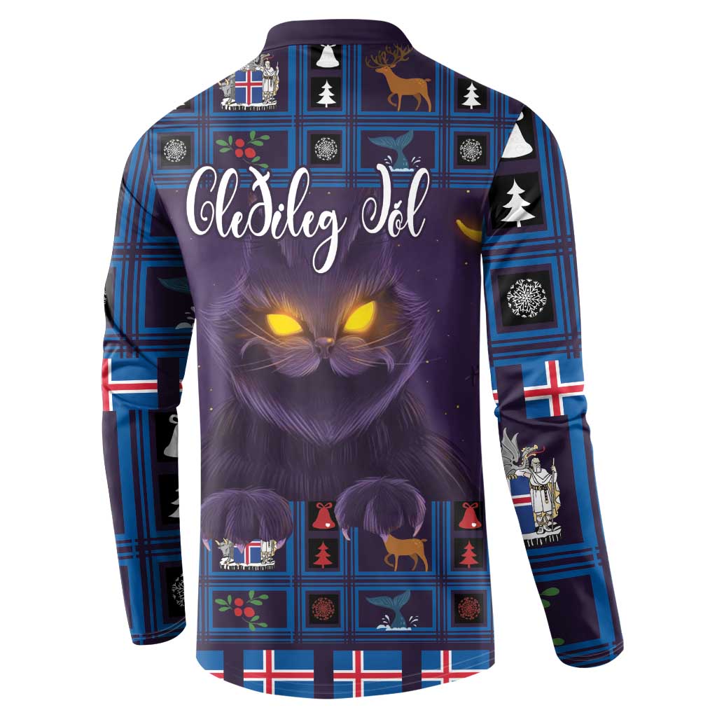 Purple sweatshirt with Christmas plaid trim and large Yule Cat graphic on the back.