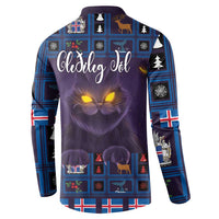 Purple sweatshirt with Christmas plaid trim and large Yule Cat graphic on the back.