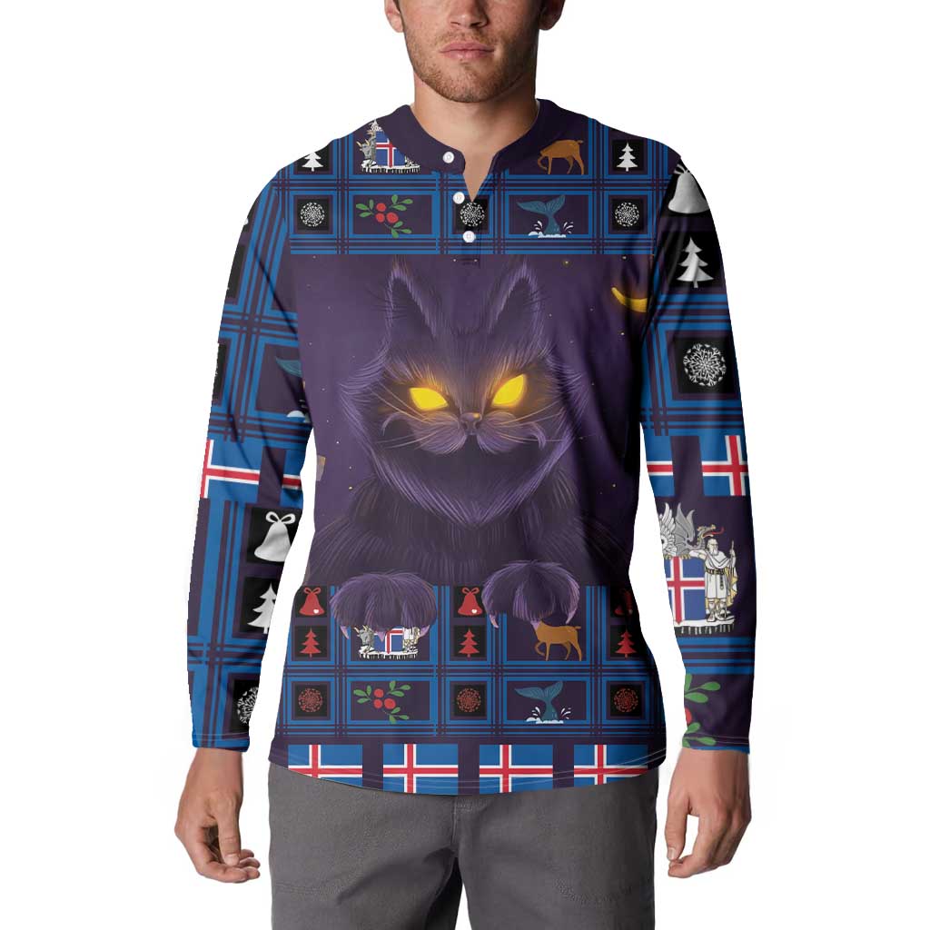 Purple button sweatshirt with glowing cat graphic, blue plaid sleeves, long sleeves