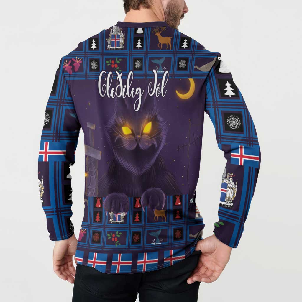 Purple Christmas sweatshirt with Yule Cat graphic, plaid trim, and Icelandic flag accents