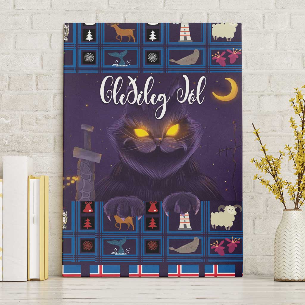 Purple holiday cat canvas wall art mounted on wall with glowing eyes and festive icons