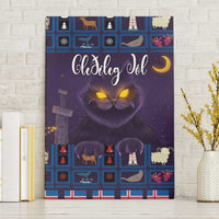 Purple holiday cat canvas wall art mounted on wall with glowing eyes and festive icons
