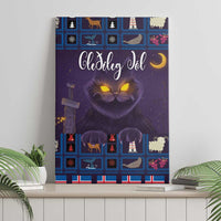 Purple holiday cat canvas wall art with blue window-style pattern and a glowing moon