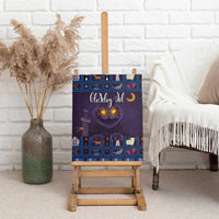 Purple holiday cat canvas wall art with glowing yellow eyes and night sky design