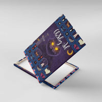 Purple holiday cat canvas wall art shown on easel in a tilted perspective