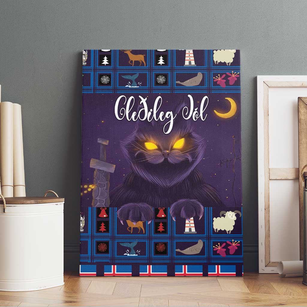 Yule Cat Christmas canvas wall art with purple cat and Icelandic text