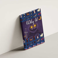 Purple canvas wall art with glowing Yule cat and Christmas border, no frame.