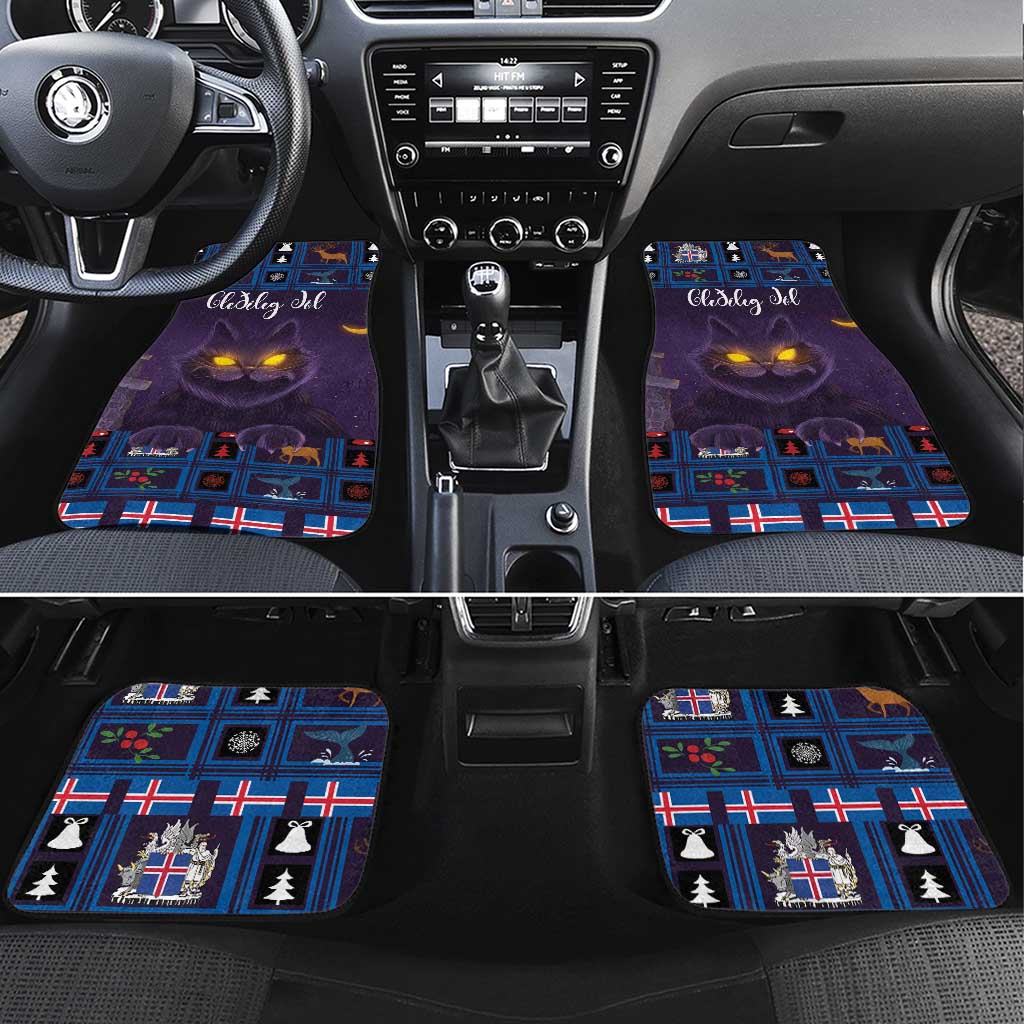 Purple Christmas car floor mats set with glowing Yule cat and Nordic tile patterns