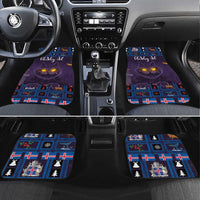 Purple Christmas car floor mats set with glowing Yule cat and Nordic tile patterns