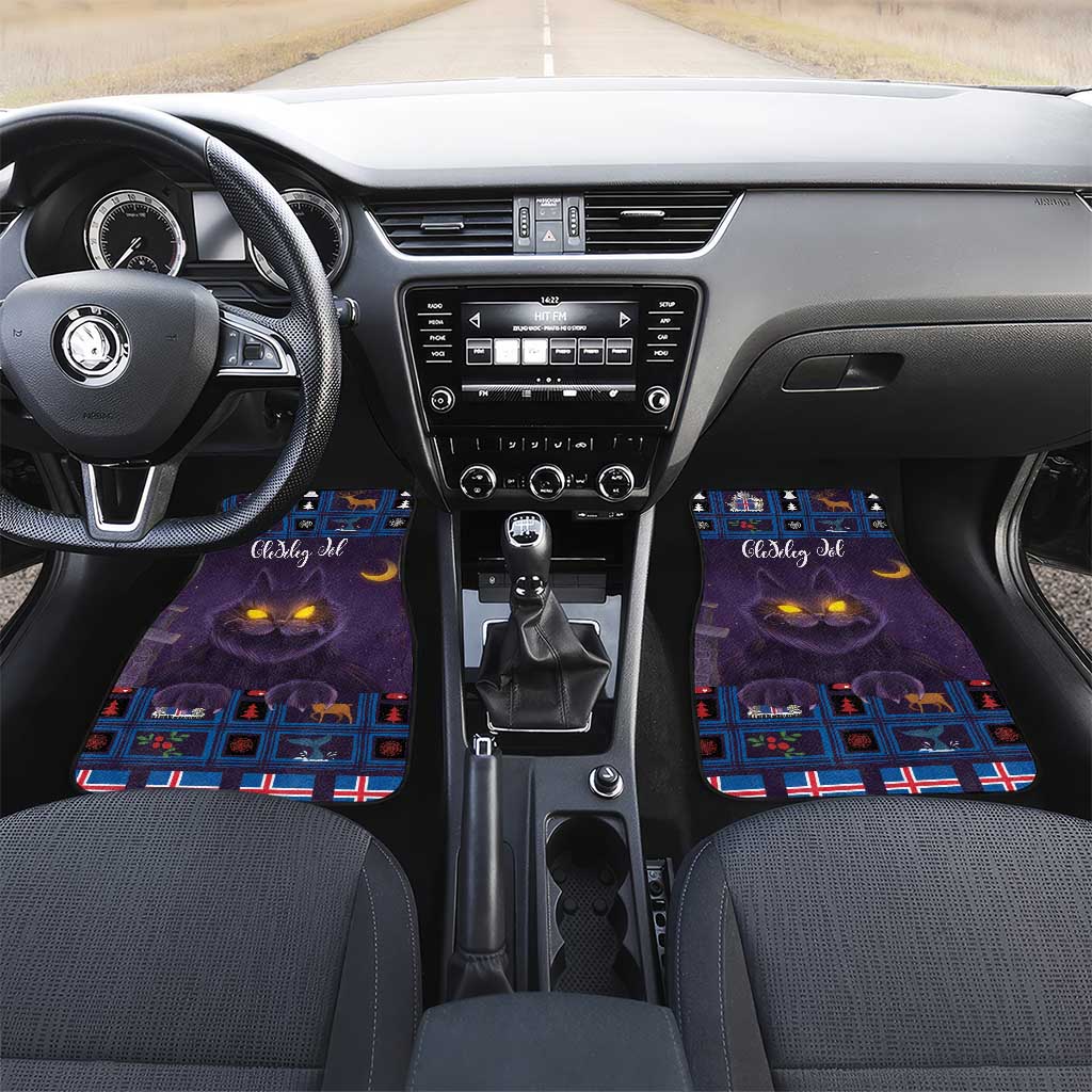 Purple Christmas car floor mats set showing glowing Yule cat on front footwell rugs