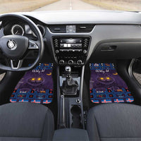 Purple Christmas car floor mats set showing glowing Yule cat on front footwell rugs