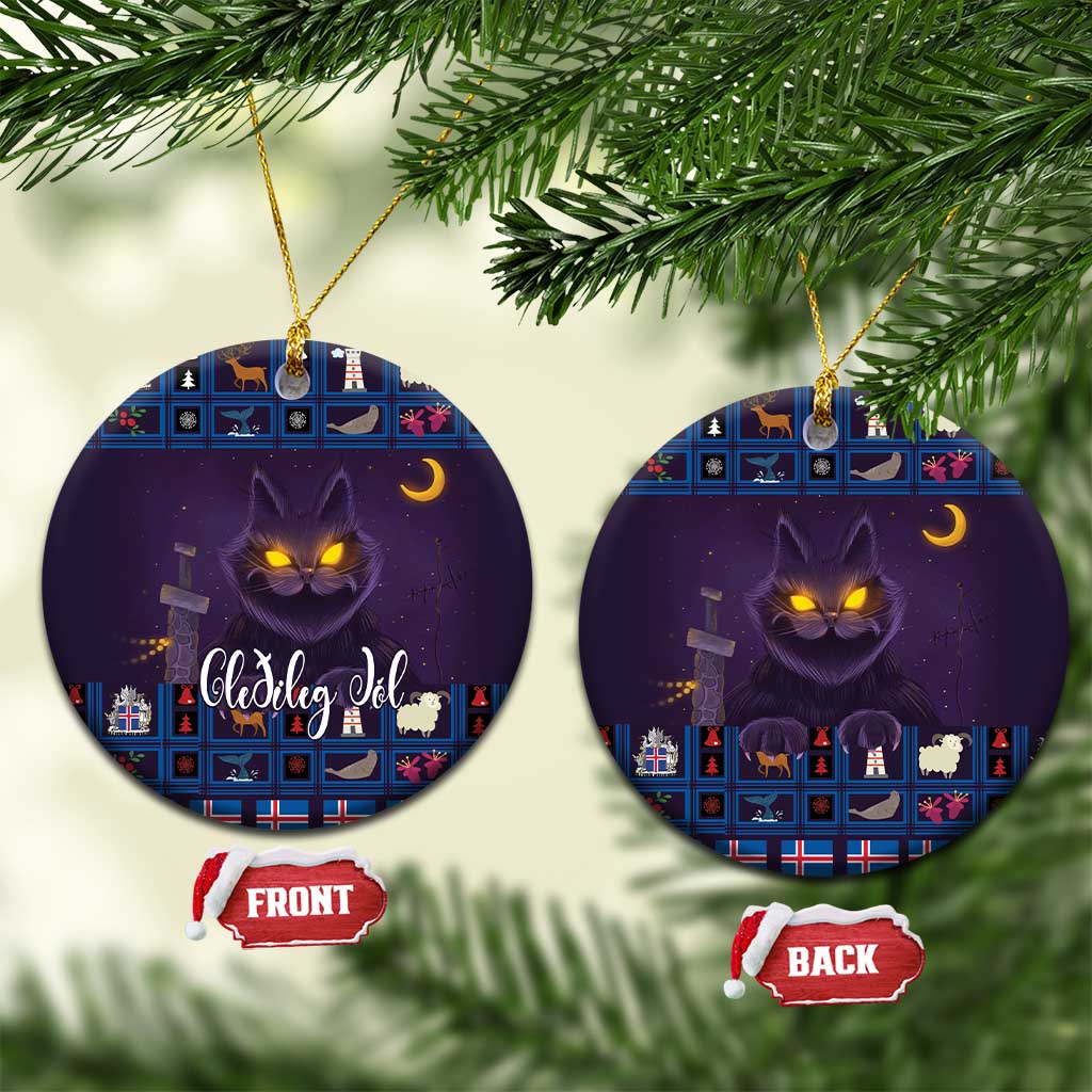 Purple round ceramic cat ornament with blue window-pattern border and gold hanging loop