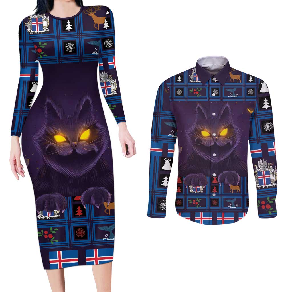 Iceland Christmas Couples Matching Long Sleeve Bodycon Dress and Long Sleeve Button Shirt Yule Cat Christmas Lightning Art - Wonder Print Shop