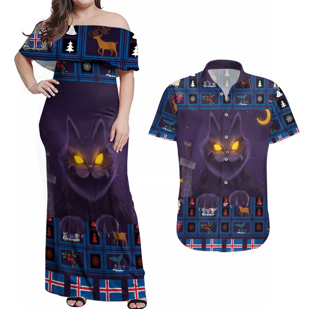 Iceland Christmas Couples Matching Off Shoulder Maxi Dress and Hawaiian Shirt Yule Cat Christmas Lightning Art - Wonder Print Shop