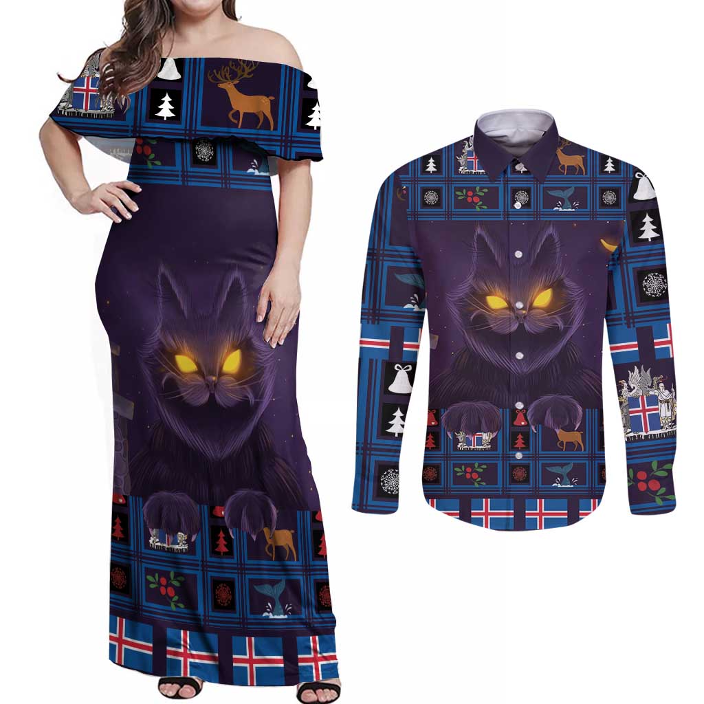 Iceland Christmas Couples Matching Off Shoulder Maxi Dress and Long Sleeve Button Shirt Yule Cat Christmas Lightning Art - Wonder Print Shop