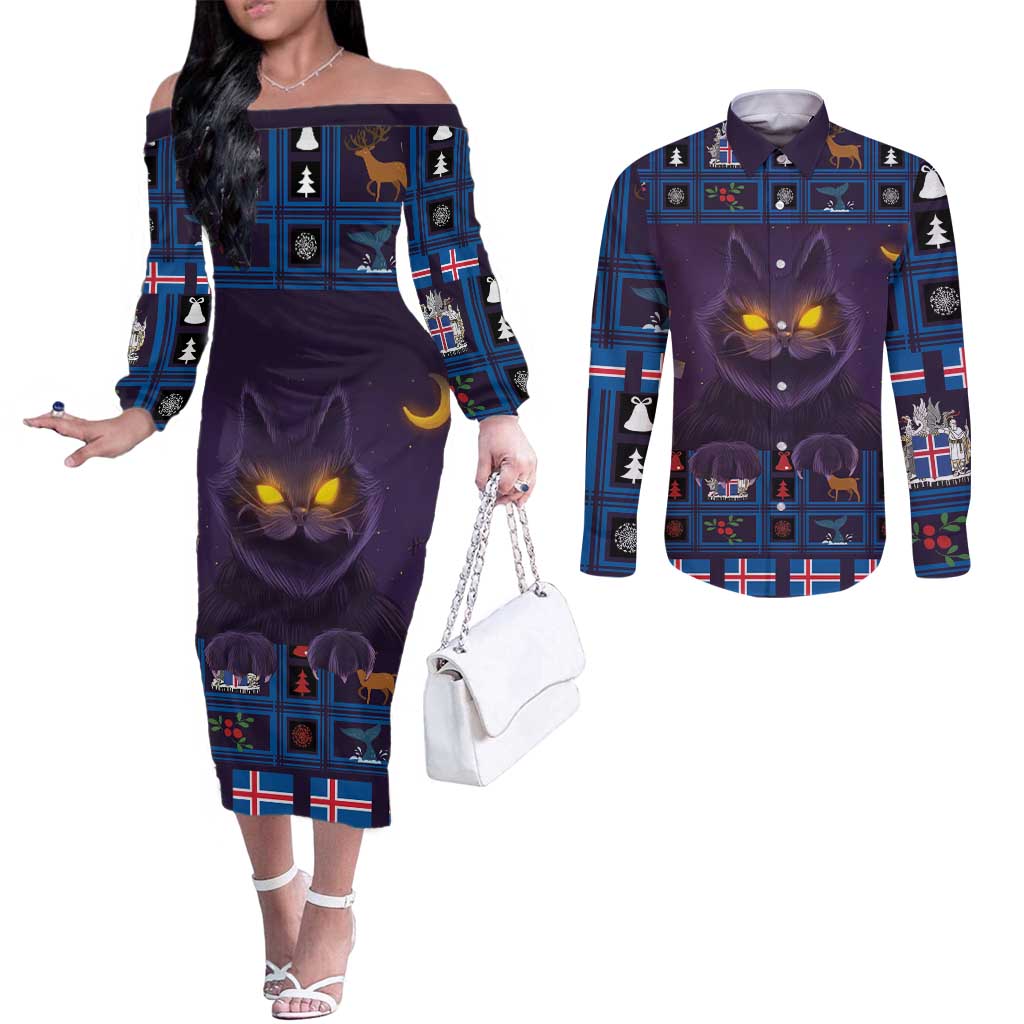 Iceland Christmas Couples Matching Off The Shoulder Long Sleeve Dress and Long Sleeve Button Shirt Yule Cat Christmas Lightning Art