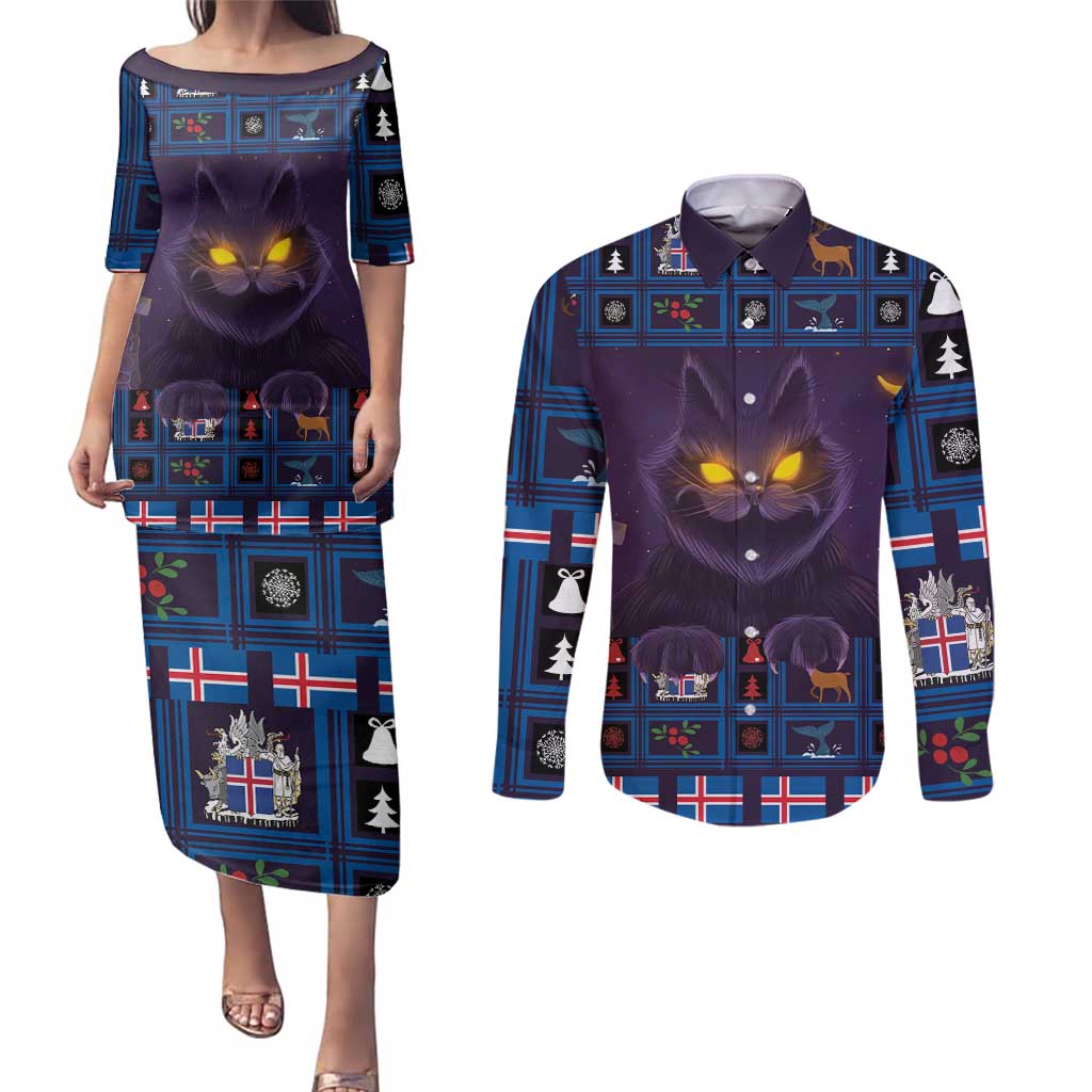 Iceland Christmas Couples Matching Puletasi and Long Sleeve Button Shirt Yule Cat Christmas Lightning Art - Wonder Print Shop